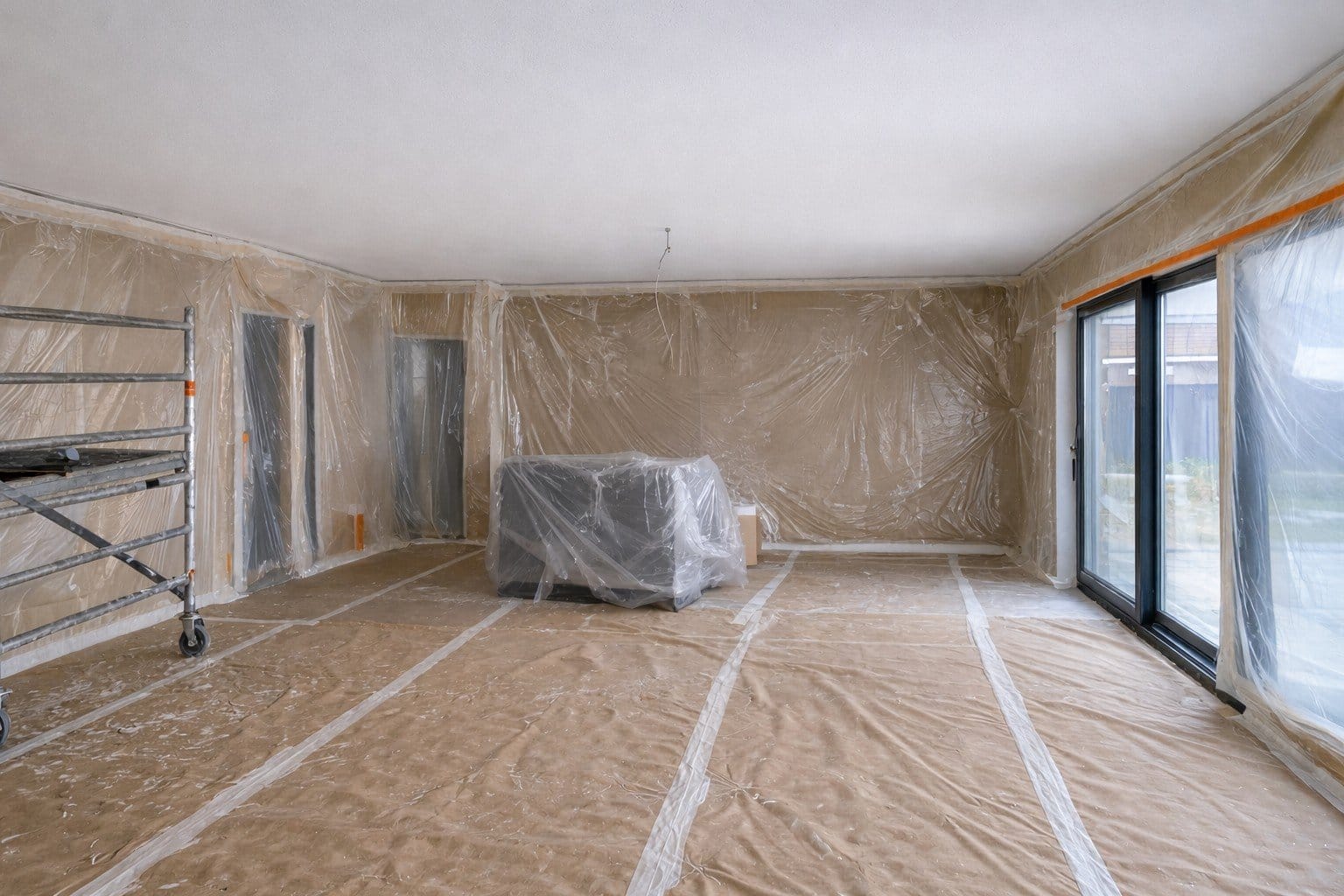 Strak afgewerkt spackplafond in een woonkamer in Leiden