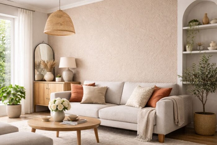 Spachtelputz op muur woonkamer Nieuwbouwwoning met een gelijkmatige spachtelputz wandafwerking