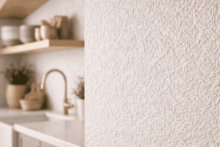 Spachtelputz op muur woonkamer Spachtelputz op de wanden van een keuken als sterke structuurafwerking
